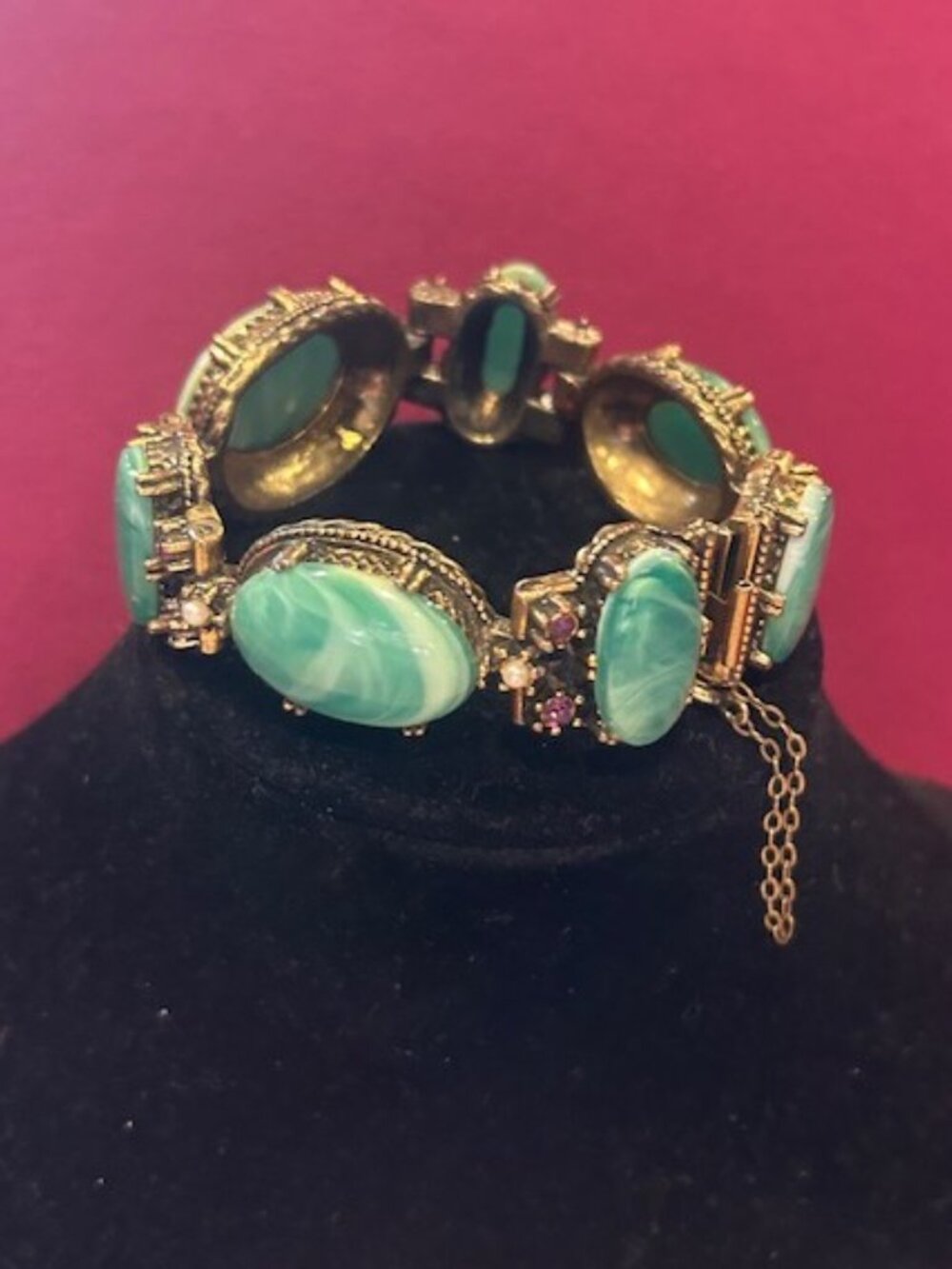 SELRO SELINI Style Green Marbled Large Cabochon Pearl Purple Rhinestone BRACELET